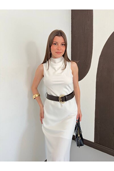 Ekim Store Belted Turtleneck Satin Dress