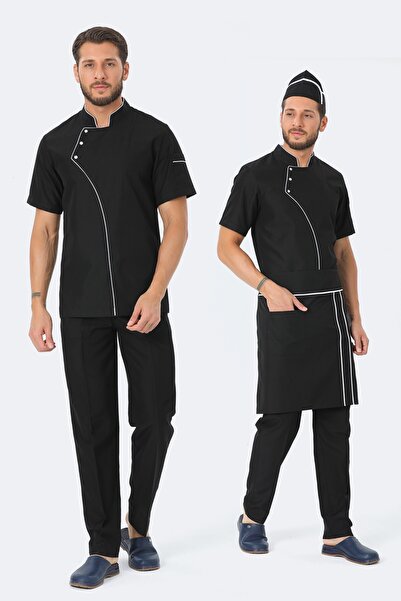 TIPTEKS Comfort Erkek Siyah Aşçı Ceketi, Pantolon, Bel Önlük Ve Kep - Beyaz B...