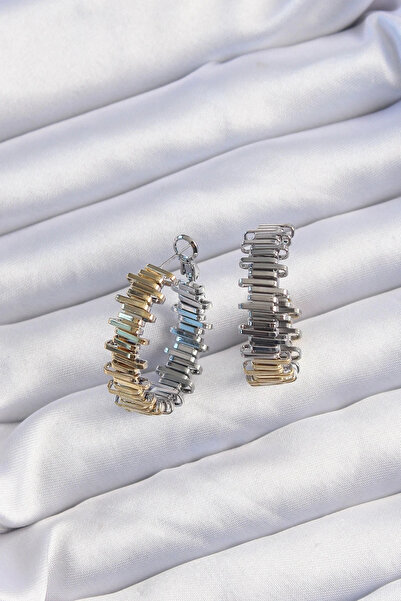USLUCAN ALIŞVERİŞ Brass Gold Silver Colored Serrated Hoop Earrings