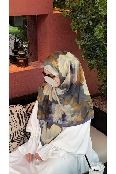 Qalortex Scarf Eșarfă moale din bumbac cu model Meva - Albastru închis
