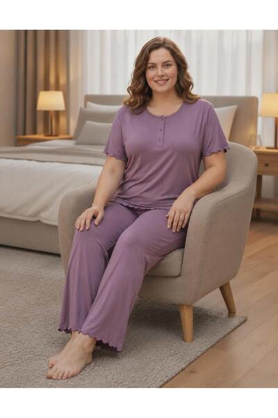 DERYA Set de pijamale pentru femei Bambo, mărime mare, cu nasturi, cu mânecă ...