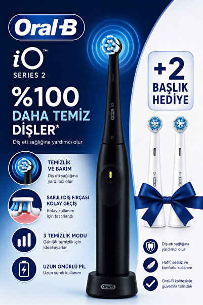 Oral-B iO2 Siyah Şarjlı/Elektrikli Diş Fırçası, 1 Fırça Başlığı + 2 ADET (GEN...