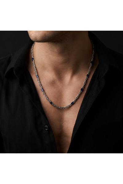 ÇELİKSİLVERTAKI Safir Detaylı Kral Zincir 925 Ayar Gümüş Erkek Kolye