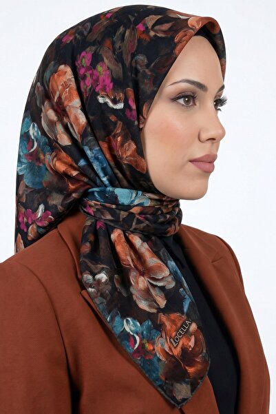 hadiora Women's Black Orange Floral Patterned Organic Cotton Soft Scarf