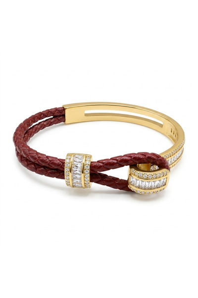 Generic Luxury Braided Leather Crystal Bangle Bracelet for Women - Gold-Tone ...