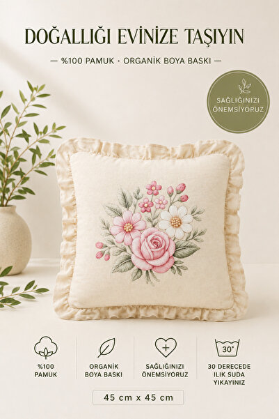 ACELEYOLLA 4'lü Fırfırlı Çiçek Desenli Kırlent Kılıfı %100 Pamuk Dekoratif Yastık Kılıfı 45x45 cm