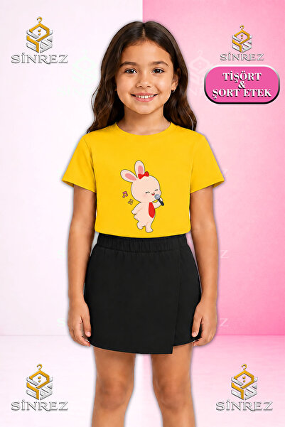 SİNREZ Girl's Set Tavsan Microphone Printed Short Sleeve T-Shirt Shorts Skirt