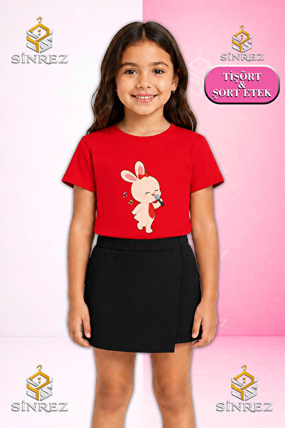 SİNREZ Girl's Set Tavsan Microphone Printed Short Sleeve T-Shirt Shorts Skirt