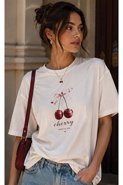 LELVANİ Women's Cherry Printed Casual Digital Printed T-Shirt