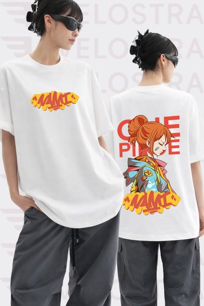 Velostra Unisex One Piece Nami Anime με στάμπα Oversize Crew Neck Βαμβακερό T...
