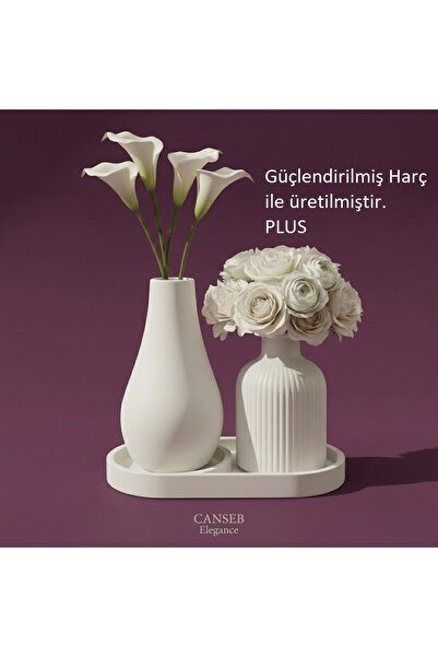 CANSEB Elegance Triple Decorative Pampas Flower Vase Set 13cm - 10cm - 17cm Tray