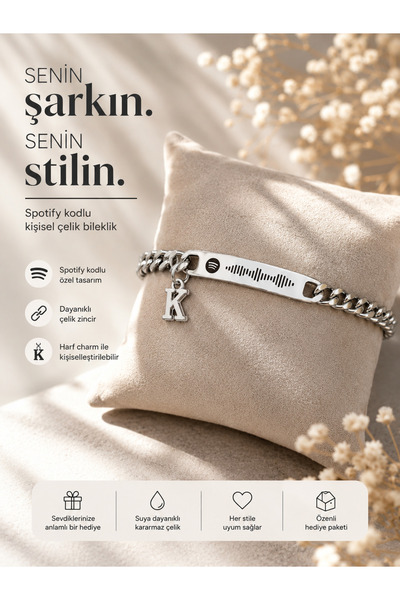 hot flowers Spotifay kodlu harf detaylı çelik sevgili arkadeş bilekliği