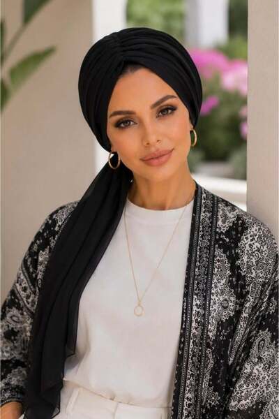 Aişe tesettür Black Chiffon Gathered Scarf Bonnet