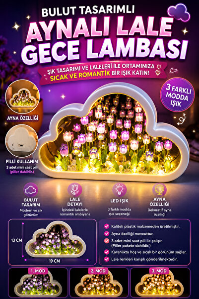 Yenilig Bulut Tasarımlı Aynalı LED Lale Gece Lambası Dekoratif Masa Lambası