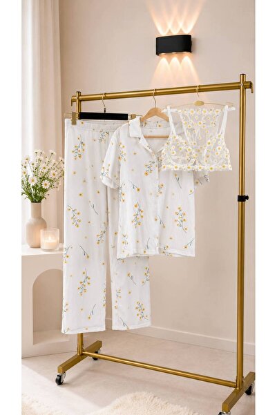 BLU beyaz çiçekli pijama ve dantel südyen takım seti