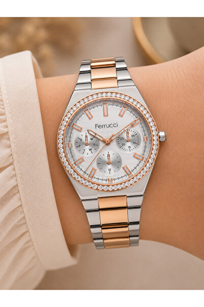 Ferrucci Modern Women's Wristwatch with Zircon Stone Case, Rose-Silver Color,...