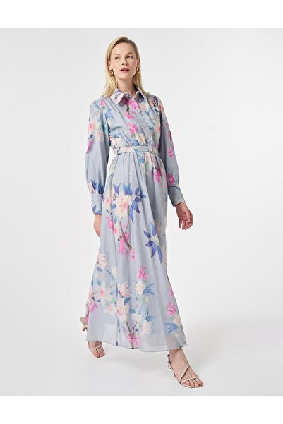 Kayra Floral Desen Elbise Açık Havacı Mavi