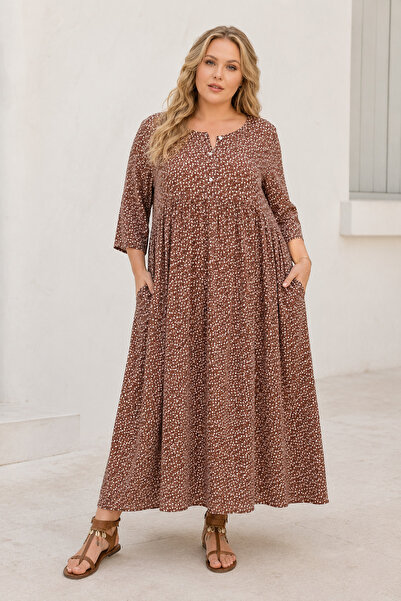 Park Moda Women's Plus Size Brown Viscose Dress Summer Long Buttoned Pocketed...