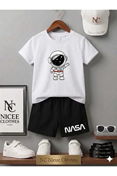NC Nicee Clothes تي شيرت صيفي للأطفال شورت للجنسين (طباعة رائد الفضاء ناسا)