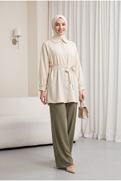 Modamorfo Stoned Buttoned Bow Baby Collar Imported Crepe Tunic -Beige