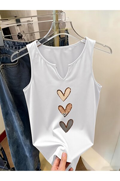 Deocept Women's Hearts Printed Half V-Neck Sleeveless Regular Fit Casual T-Shirt