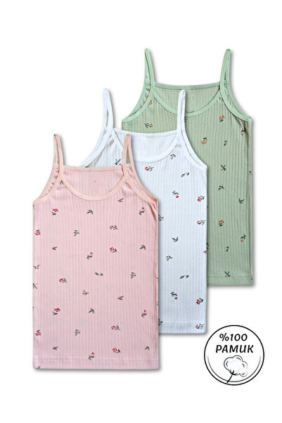 Panfilia 100% Cotton Girls' Floral Patterned Thin Strap Undershirt 3-Piece Se...