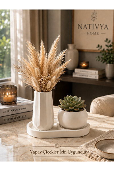 Nativya Home Minimal Dekoratif Serene Tepsi Seti | Vazo & Mumluk