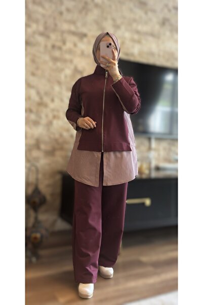 MİMİ Luxury Wear طقم نسائي من قطعتين بتصميم مخطط باللون الأسود مع سحاب وتفاصي...