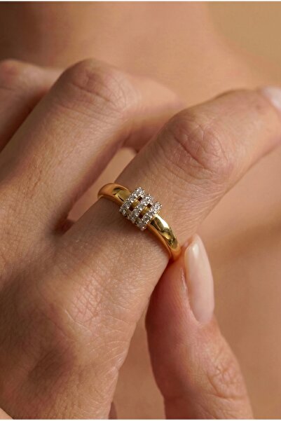 Minon Jewelry Üç Sıralı Taşlı Alyans Yüzük - 925 Ayar Gümüş - Şık Modern Tasarım