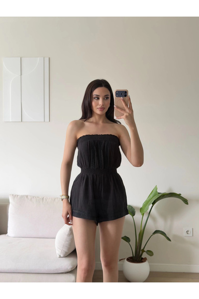 Zoom Butik Müslin Straplez Şortlu Tulum - SİYAH