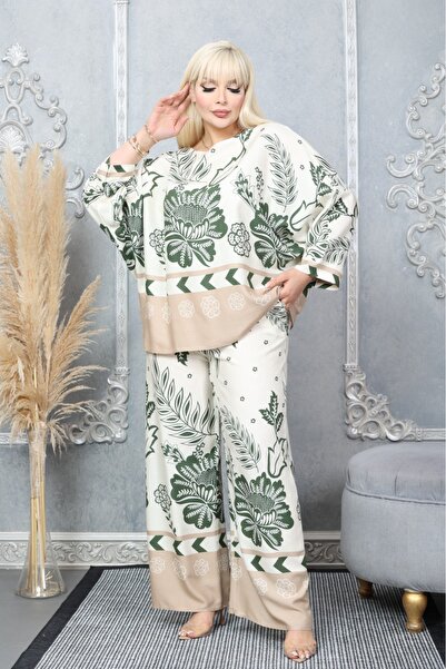 Tubik Women's Wide Cut Crew Neck Patterned Top and Bottom Tunic Pants Set