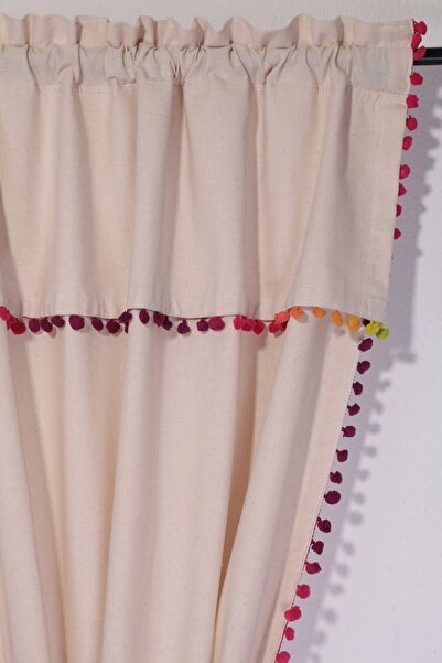 cotton maison Ponponlu Rainbow Boho Naturel Fon Perde - Tek Kanat, rustik ve Korniş Uyumlu