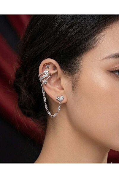 Melisa Takı & Aksesuar 316L Çelik Jewelry Gümüş Renk 4lü Set Ear Cuff Küpe