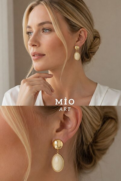 MioArt Vintage Cream Stone Şık Sallantılı Kadın Küpe