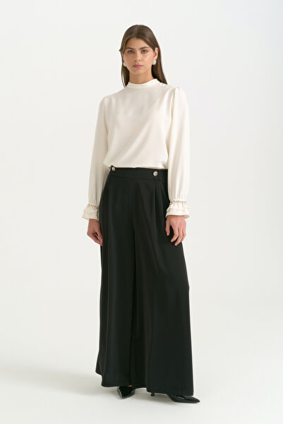 Nihan Gold Buttoned Wide Leg Trousers with Pile Detail - Black