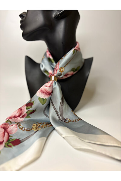 BHR AKSESUAR Chain Rope and Rose Patterned Double-Sided Scarf with Gold Ring ...
