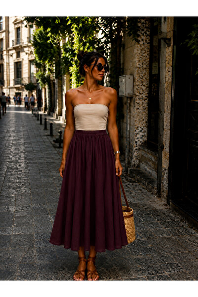 EREN STYLE Italian Linen Flared Skirt with Elastic Waist (Length: 110 cm)