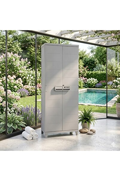 KÜSKÜ Smart 3 Raflı Uzun Bölmeli Plastik Dolap Gri 170 cm Kilitli Balkon Gara...
