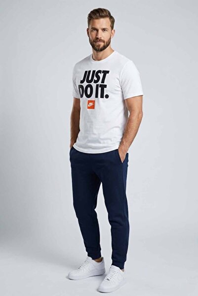 Nike Tricou alb pentru bărbați, din bumbac, cu imprimeu grafic Just Do It, cu...