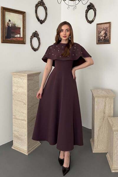 Elbee Fashion Woman Mürdüm Taş detaylı pelerinli elbise