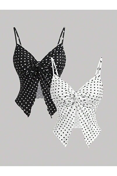 Wild Flower Double Front Twist Polka Dot Patterned Thin Strap Alaçatı Crop Top
