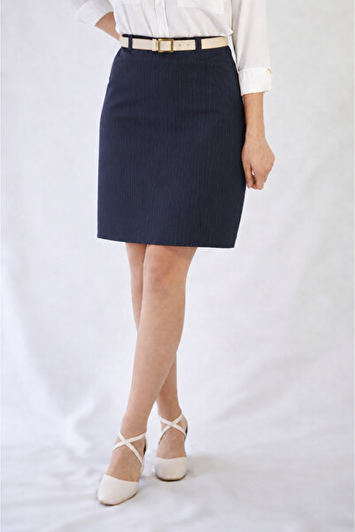 YAXİ High Waist Navy Blue Striped Woven Above Knee Bell Skirt