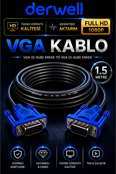 Derwell 1.5 Metre VGA Kablo Full HD 1080P Kesintisiz Aktarım D-Sub Erkek To E...