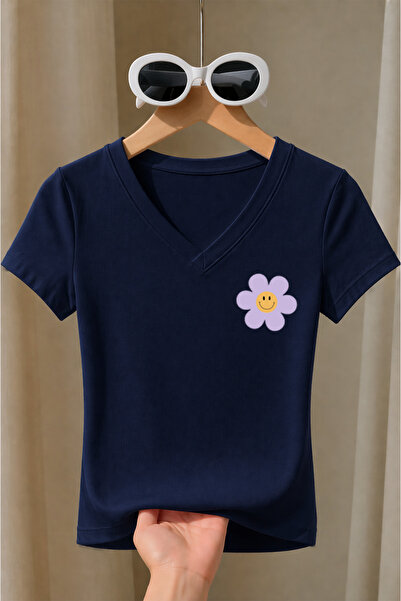 Velostra Women's Lilac Smiley Printed Basic Daily Use V-Neck Slim Fit Lycra T...