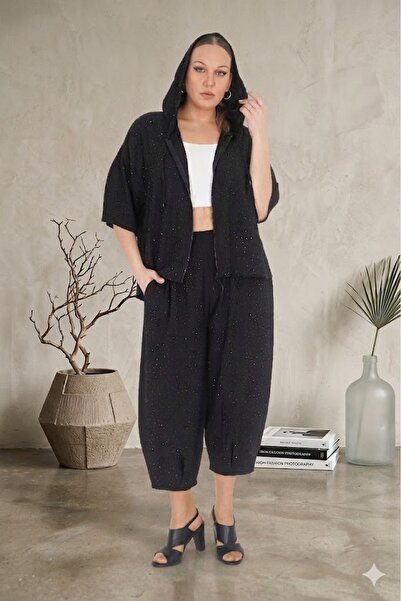DARKWIN Plus Size Hooded Polka Dot Zippered Mom Pants Women's Two-Piece Set