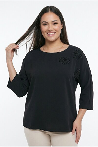 By Saygı Women's Floral Applique Detailed Capri Sleeve Plus Size Chiffon Blouse