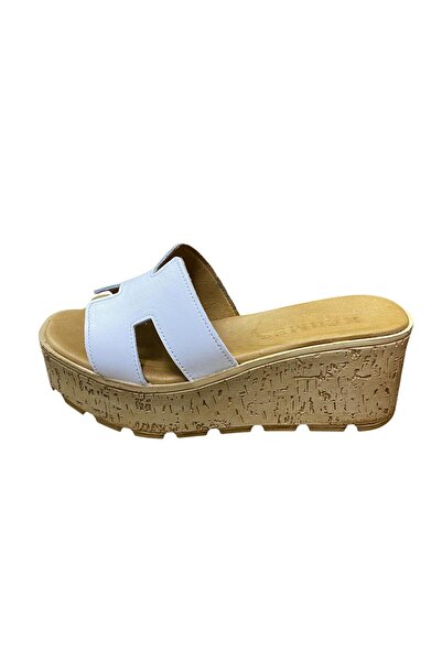Teğmen Women's Thick Filled Heel Genuine Leather H Model Slippers