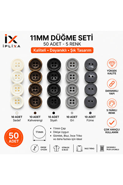 Genel Markalar 11mm 5 Renk 4 Delikli Düğme Seti 50 Adet | Dayanıklı Şık Dikiş...
