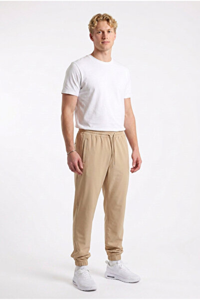 ELAFRO Men's Beige Elastic Leg Parachute Flexible Jogger Pants with Zipper Po...
