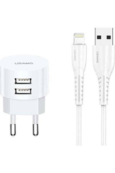 Usams Φορτιστής με 2 θύρες USB-A και καλώδιο Lightning Λευκό (T20)